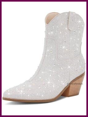 Rhinestone Cowboy Boots Women Sparkly Ankle Cowgirl Boots Faux Leather
